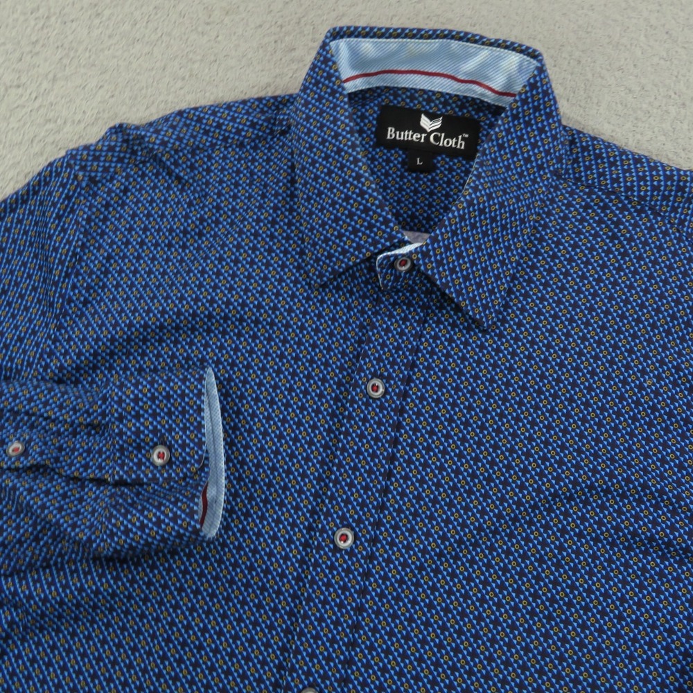 Buttercloth Shirt Large Slim Men Icy Cotton Navy Geometric Long Sleeve Button Up